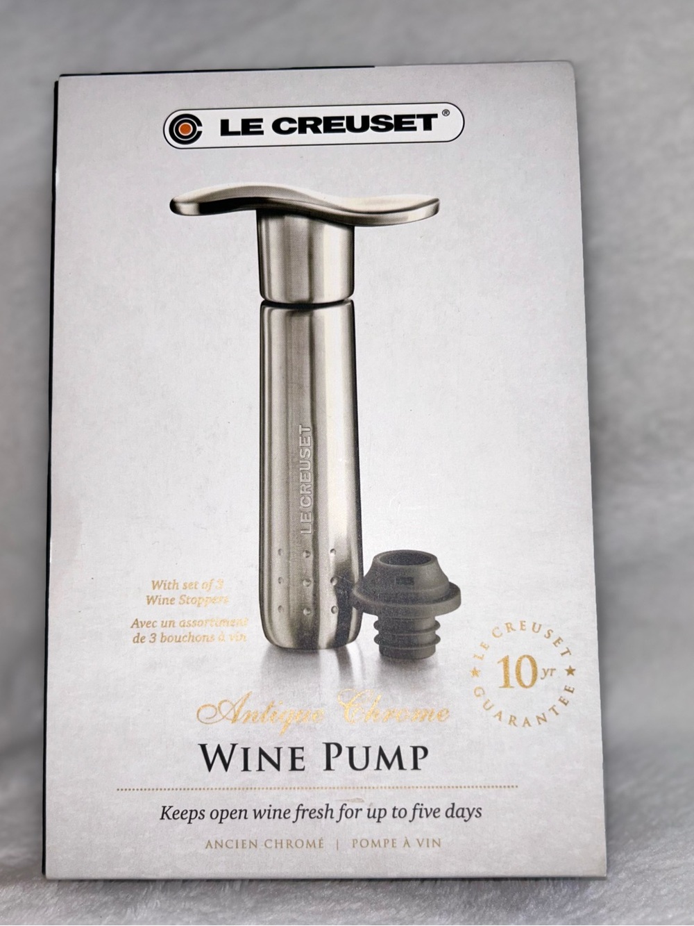 Le Creuset Antique Chrome Wine Pump 3 Wine Stoppers
Preserve Freshness. New.